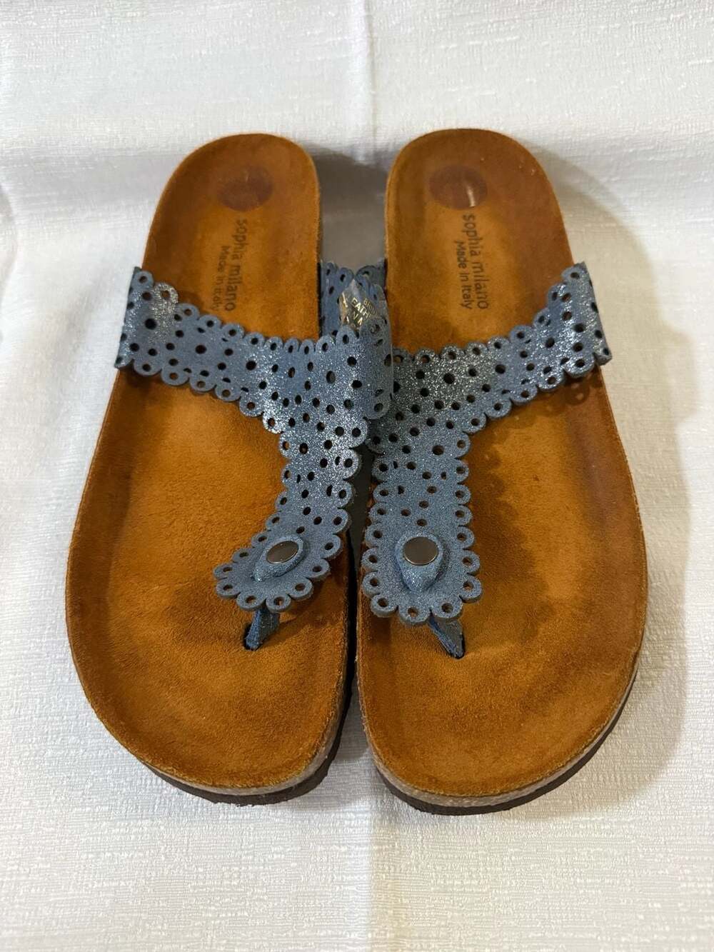 Sophia Milano Brina Blue Laser Cut Scalloped Leather Cork Wedge Sandals